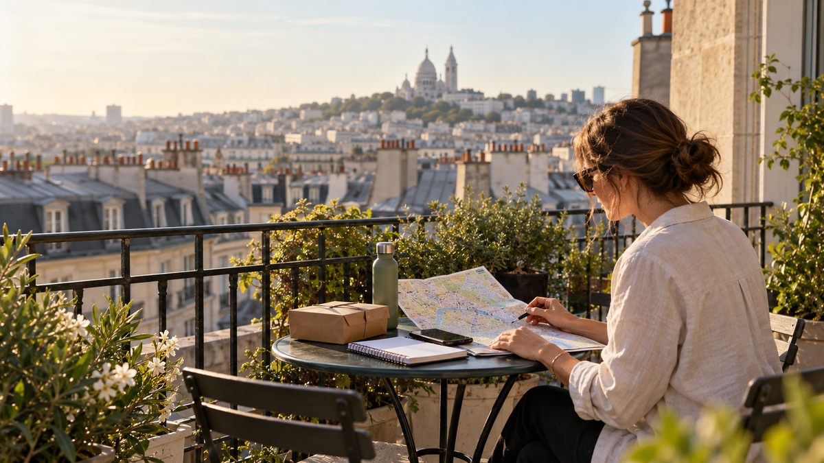 Group organiser planning meal logistics on a Paris rooftop terrace