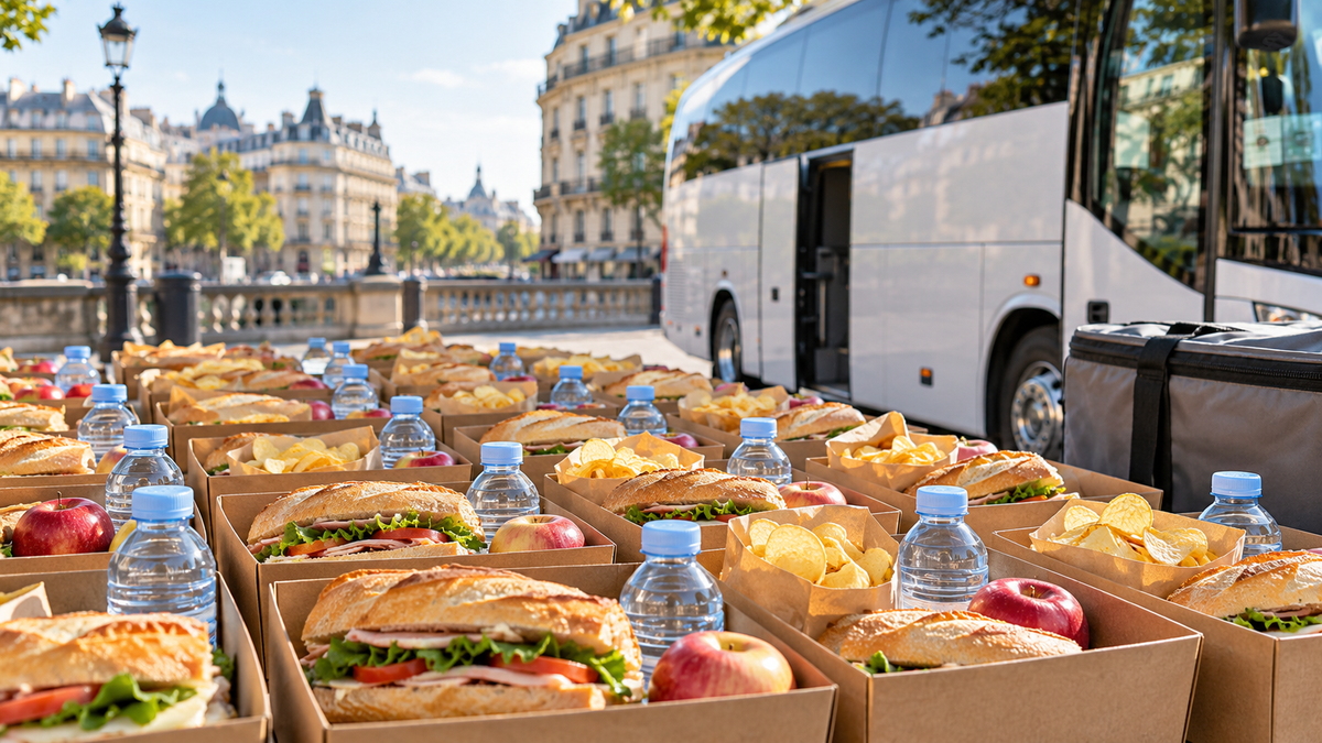 Paniers-repas prêts à être livrés à un groupe en autocar à Paris